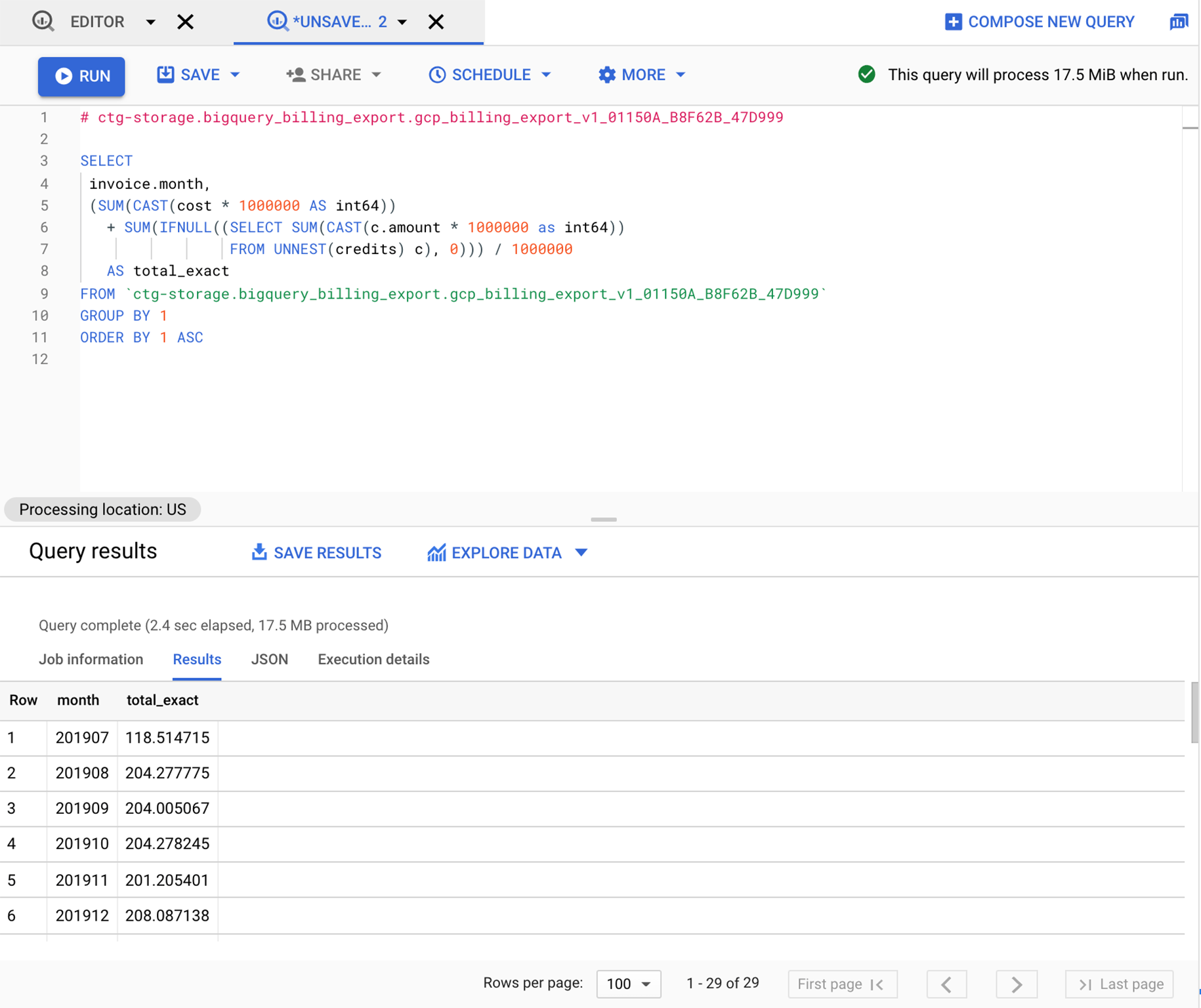 Página de ejemplo de consulta de BigQuery.