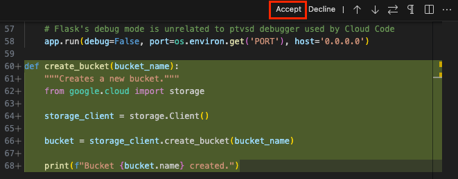 Gemini Code&nbsp;Assist ouvre une vue diff pour afficher le code généré.