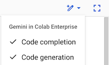 Lista de funciones de Gemini en Colab Enterprise que se muestra al hacer clic en el botón Ayúdame a escribir código, como la finalización y la generación de código.