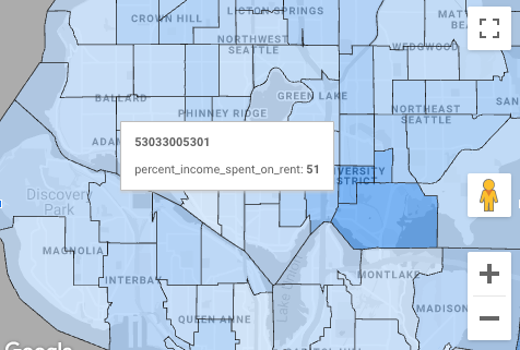 Una descripción emergente del gráfico de alquileres del estado de Washington en Google Maps con una dimensión de descripción emergente geo_id muestra los detalles del punto de datos 53033005301 percent_income_spent_on_rent: 51.