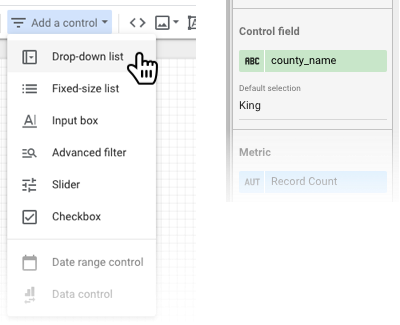 Un usuario selecciona Lista desplegable en el menú Añadir un control y elige el valor county_name para el campo Control, con "King" como opción seleccionada predeterminada en la pestaña Configuración del panel de propiedades.
