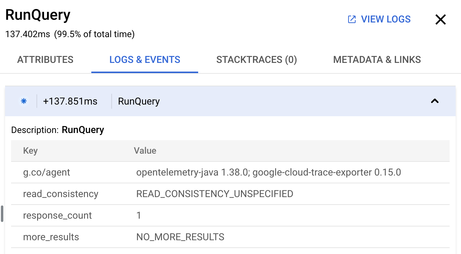 Um registo de eventos de intervalo de rastreio visto a partir do Cloud Trace.