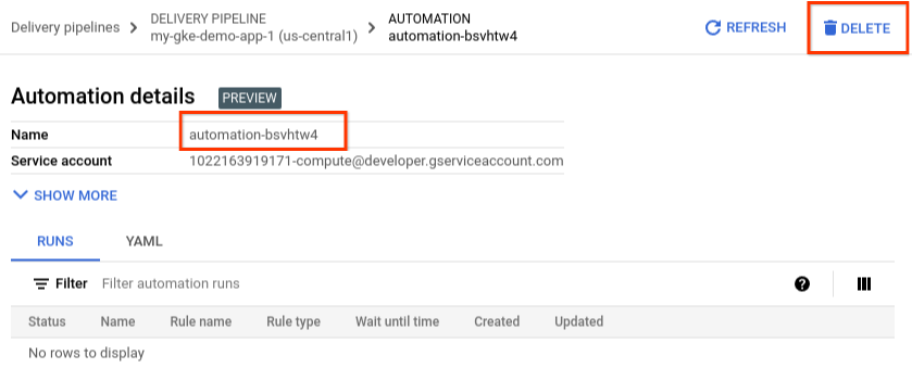 Automatização na consola Google Cloud , a mostrar o botão de eliminação