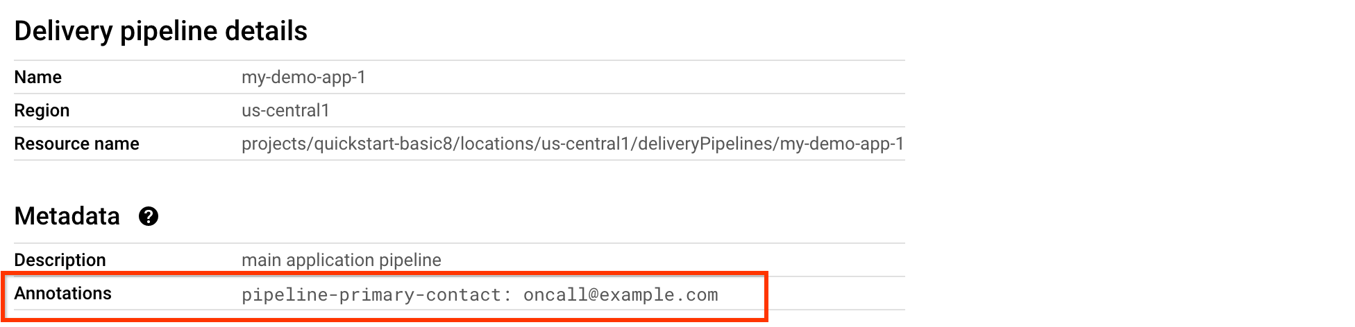 Detalhes do pipeline de entrega na consola Google Cloud