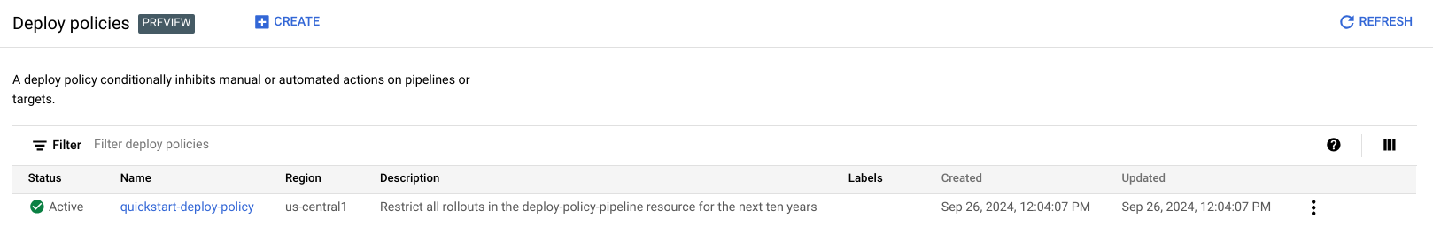 página de implementação de políticas na consola Google Cloud