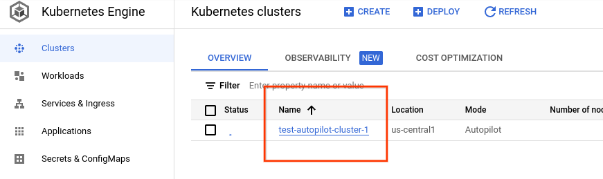 Liste des clusters dans la console Google Cloud