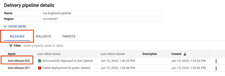 A página de detalhes do pipeline de entrega no console do Google Cloud , mostrando os lançamentos.