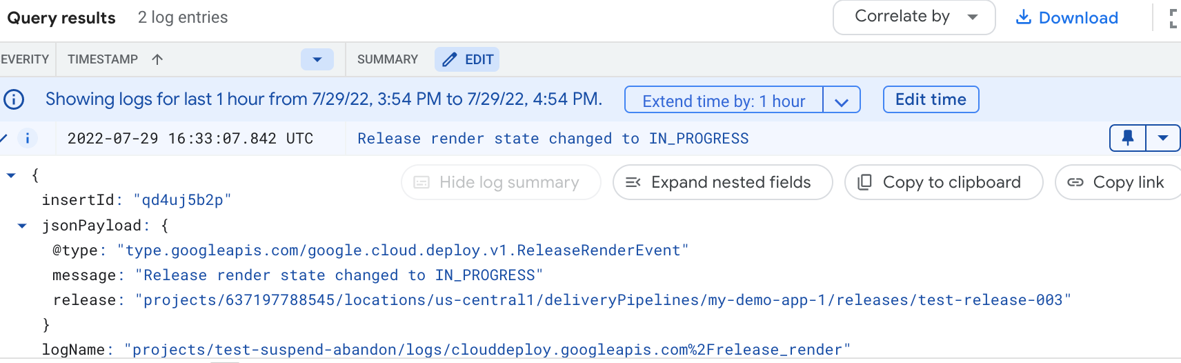 Conteúdo de um registro da plataforma do Google Cloud Deploy