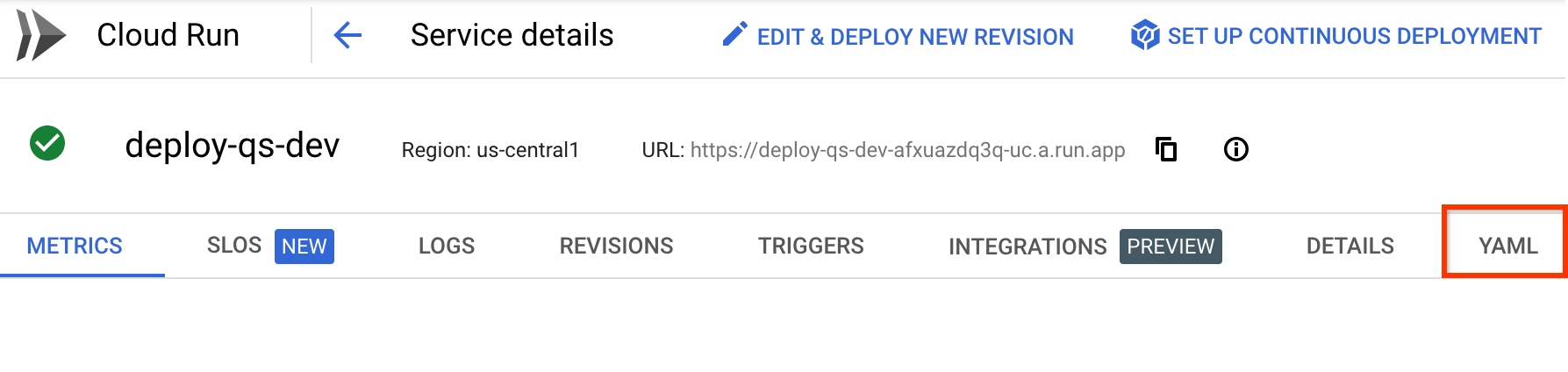 דף פרטי השירות במסוףGoogle Cloud , עם הכרטיסייה YAML
