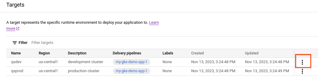 target nella console Google Cloud , che mostra l'icona del menu