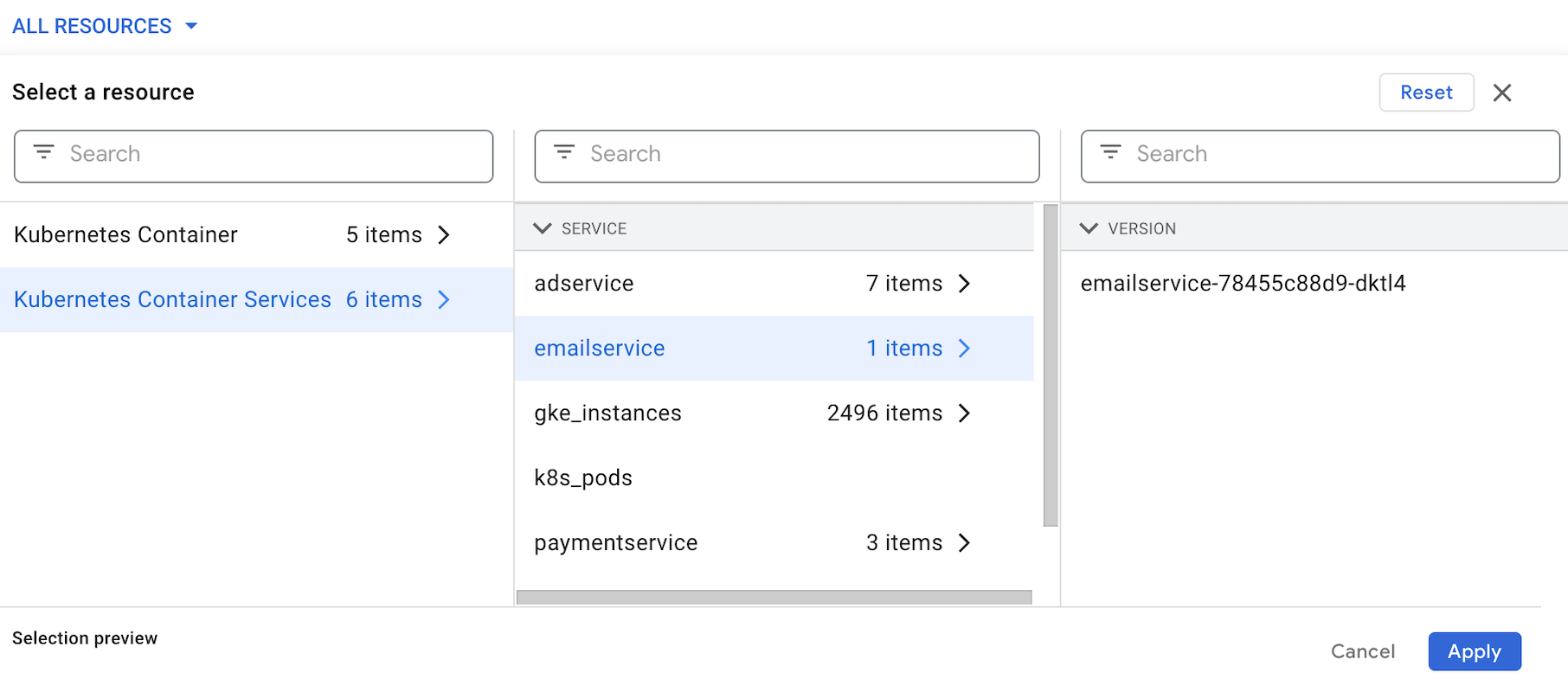 Error Reporting 資源篩選器選單，顯示 Kubernetes 容器服務資源可用的錯誤群組標籤篩選器。