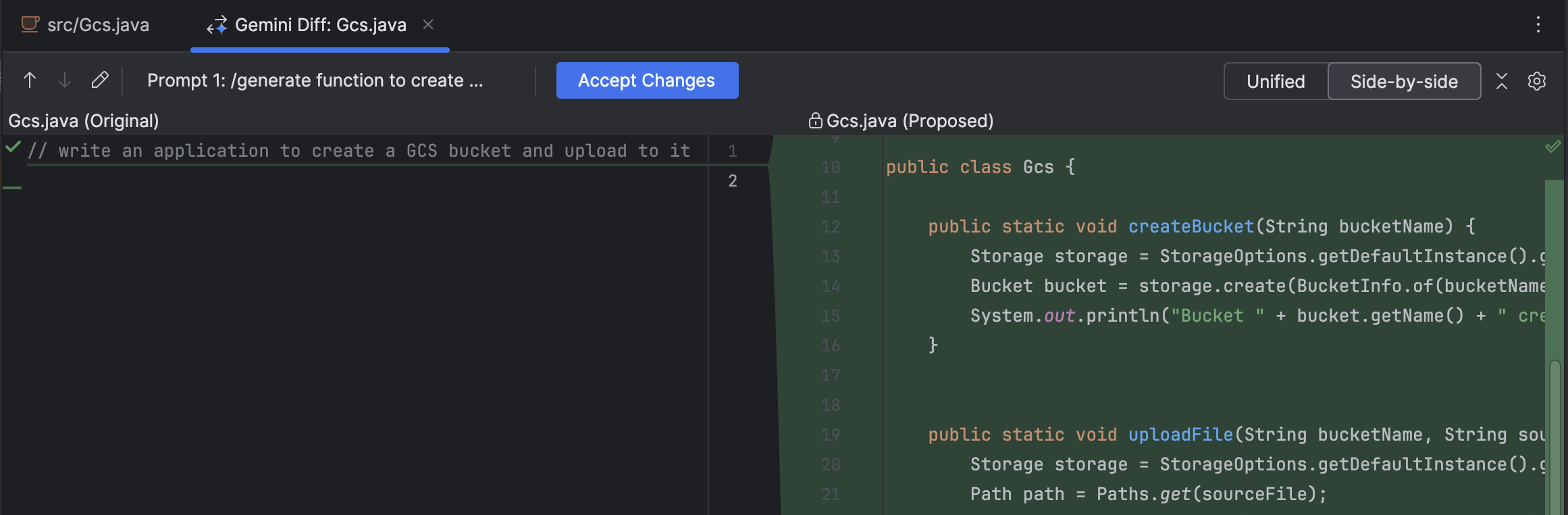 Vue diff de la transformation du code dans Gemini Code&nbsp;Assist pour IntelliJ