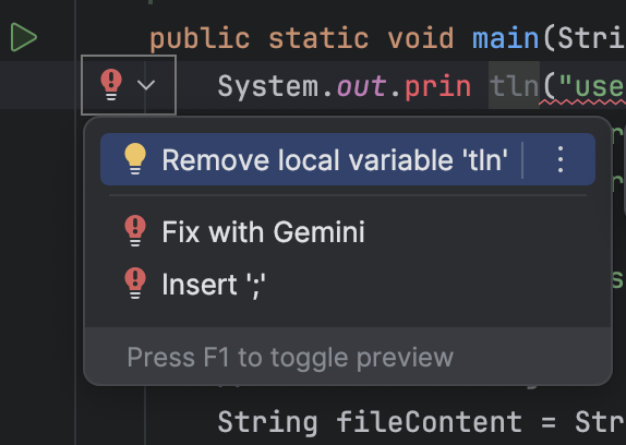 Opzione di trasformazione del codice per la correzione con Gemini nell'IDE.