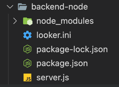 Uma pasta chamada backend-node, que contém uma pasta chamada node_modules e os arquivos looker.ini, package-lock.json, package.json e server.js.