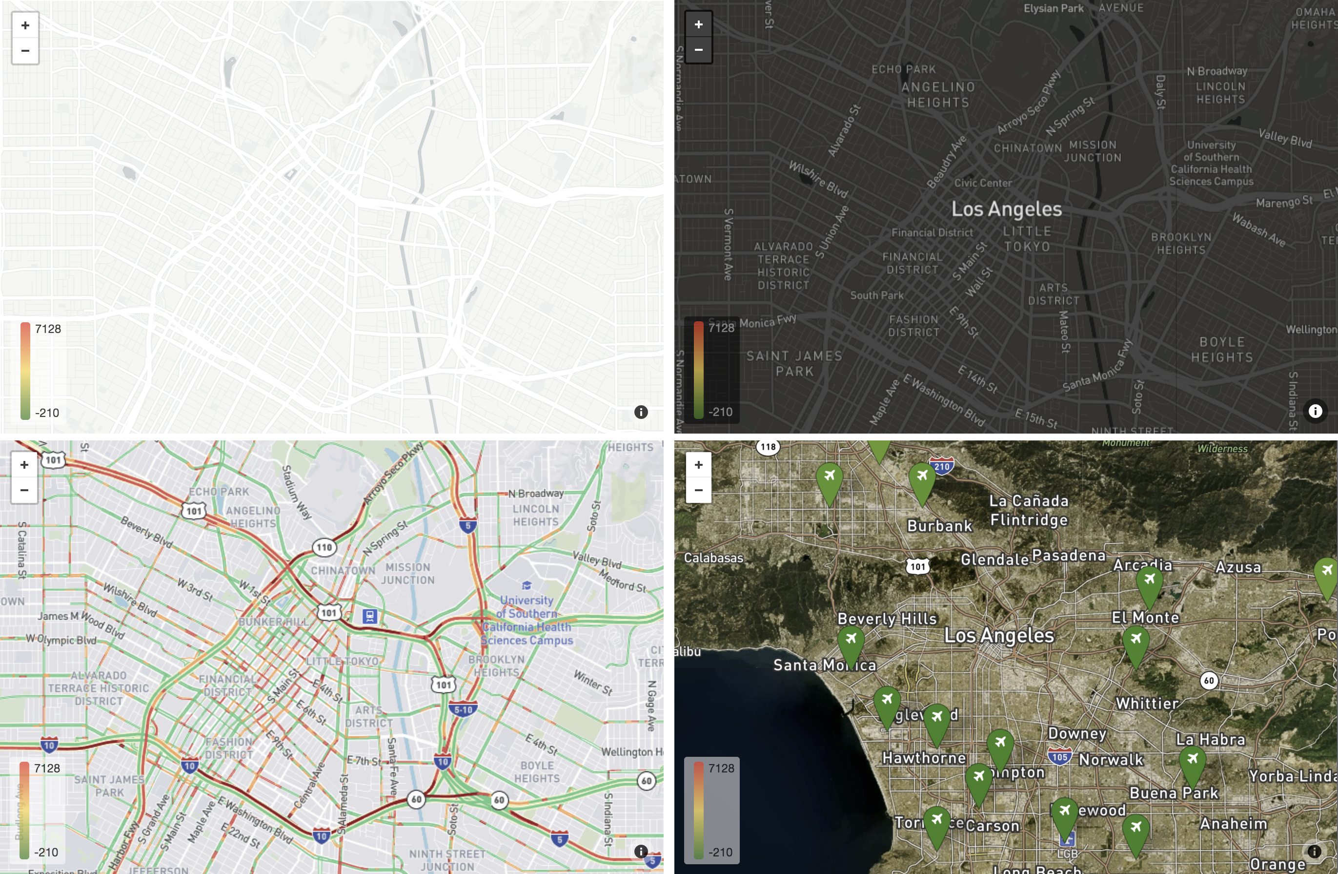 Beispiel-Screenshots der Kartenstile „Hell“, „Dunkel“, „Satellit“ und „Verkehrslage“.