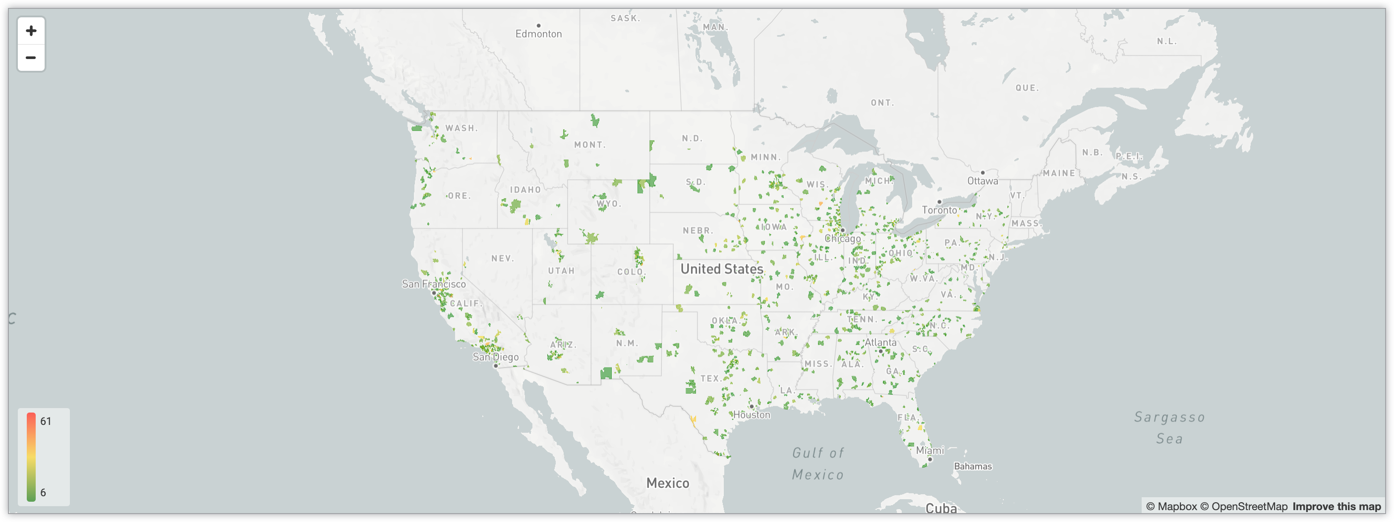Mapa interactivo que muestra el número de usuarios de los códigos postales de Estados Unidos mediante un sistema de colores degradados.