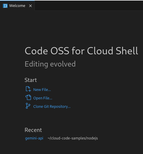 最近開啟的工作區 (例如 hello-world-1 和 appengine-guestbook-python) 會顯示在「最近」下方。按一下連結的名稱,即可在「檔案總管」中開啟工作區