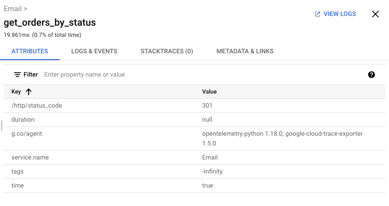 Exemple de tableau des attributs Cloud Trace.