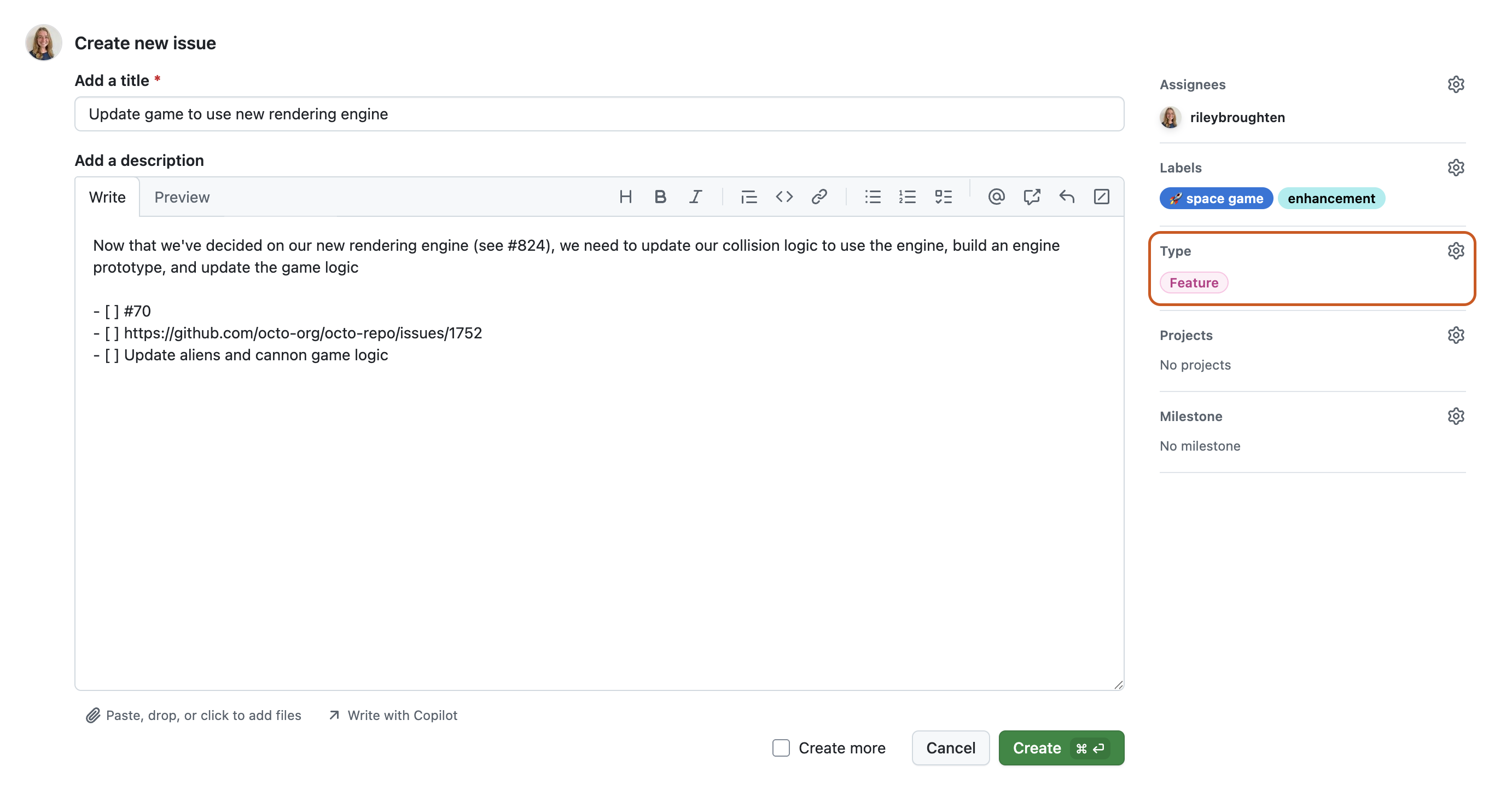 Screenshot of the new issue form. In the right sidebar, the "Type" section is outlined in dark orange.