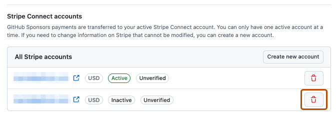“Stripe Connect accounts”部分的屏幕截图,包括“Delete Stripe Connect account”图标。