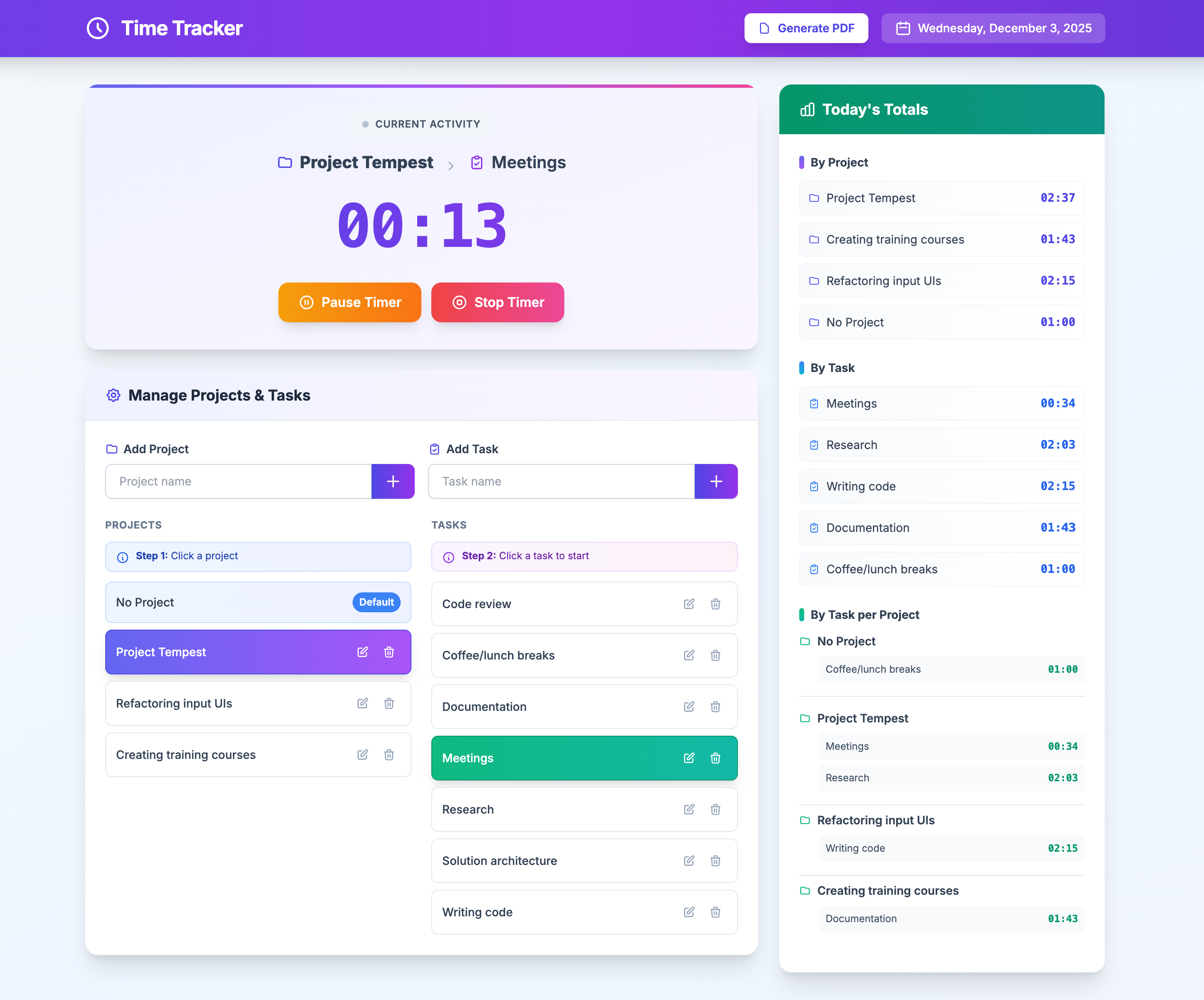Screenshot an example of a time tracker app with data added by a user.