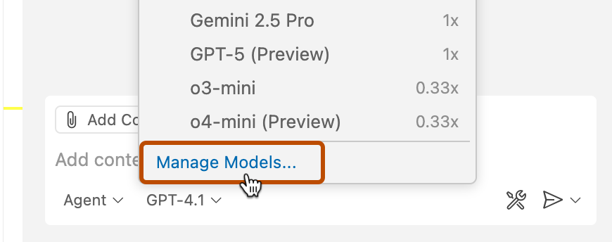 “Manage Models”选项(用深橙色轮廓突出显示)的屏幕截图。