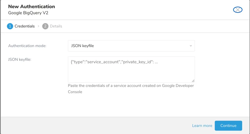 New Authentication dialog for Google BigQuery V2 showing the Authentication Method selector and the credential input field