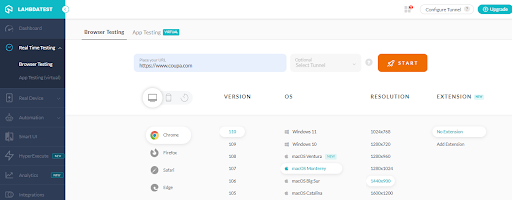 Enter the test URL, and select browser VERSION, OS, and RESOLUTION. Then click START.