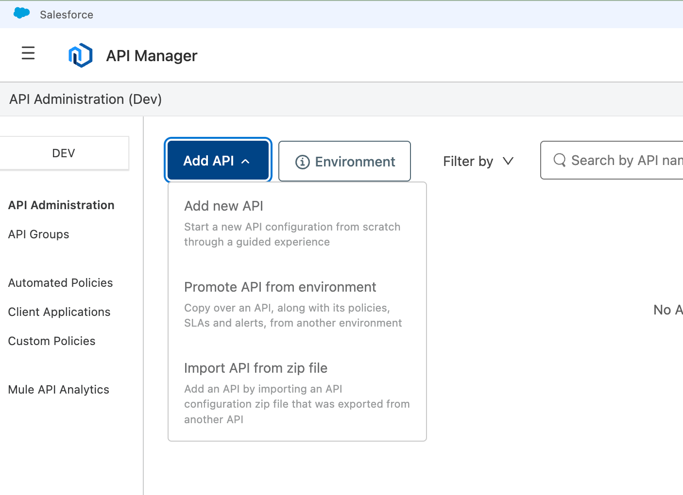Navigate to API Manager and click on Add API. Select Add new API.