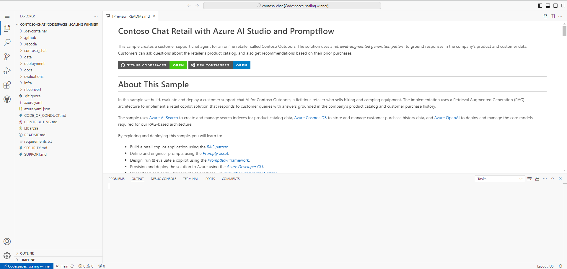 Contoso-chat Azure samples GitHub repo to demo