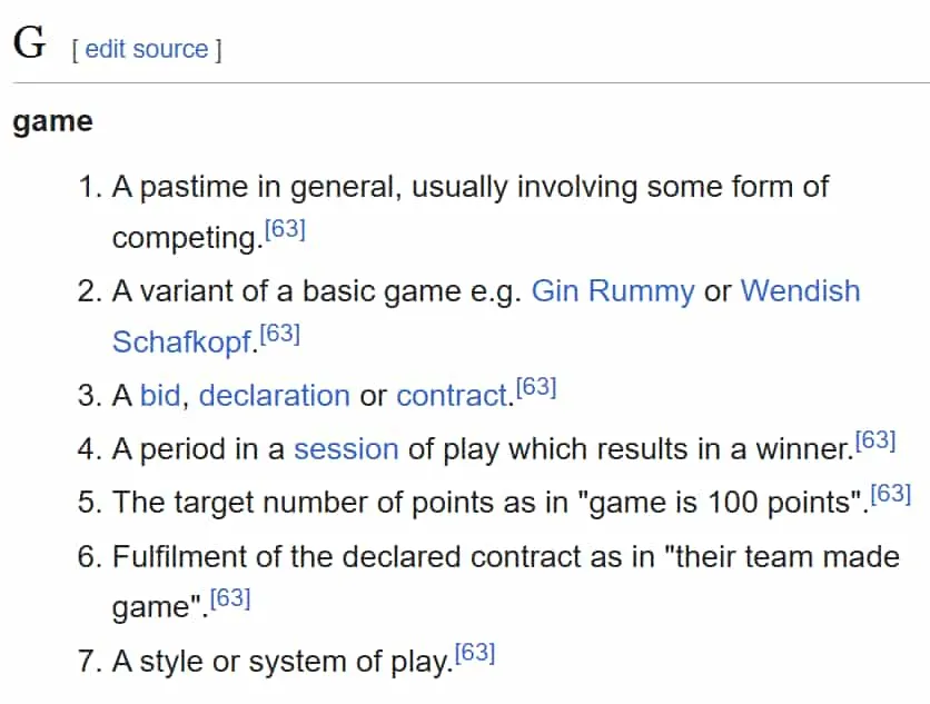 An ordered list showing the different definitions of 'game' on the Glossary of card game terms English Wikipedia page