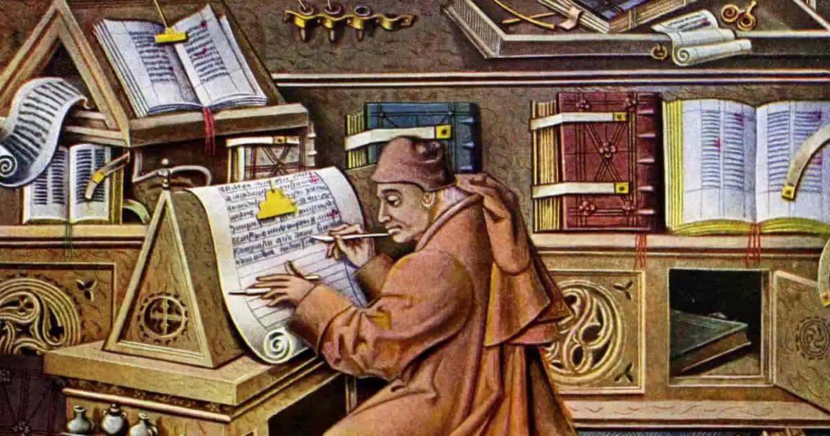 a 15th Century drawing of a medieval scribe at work in his scriptorium