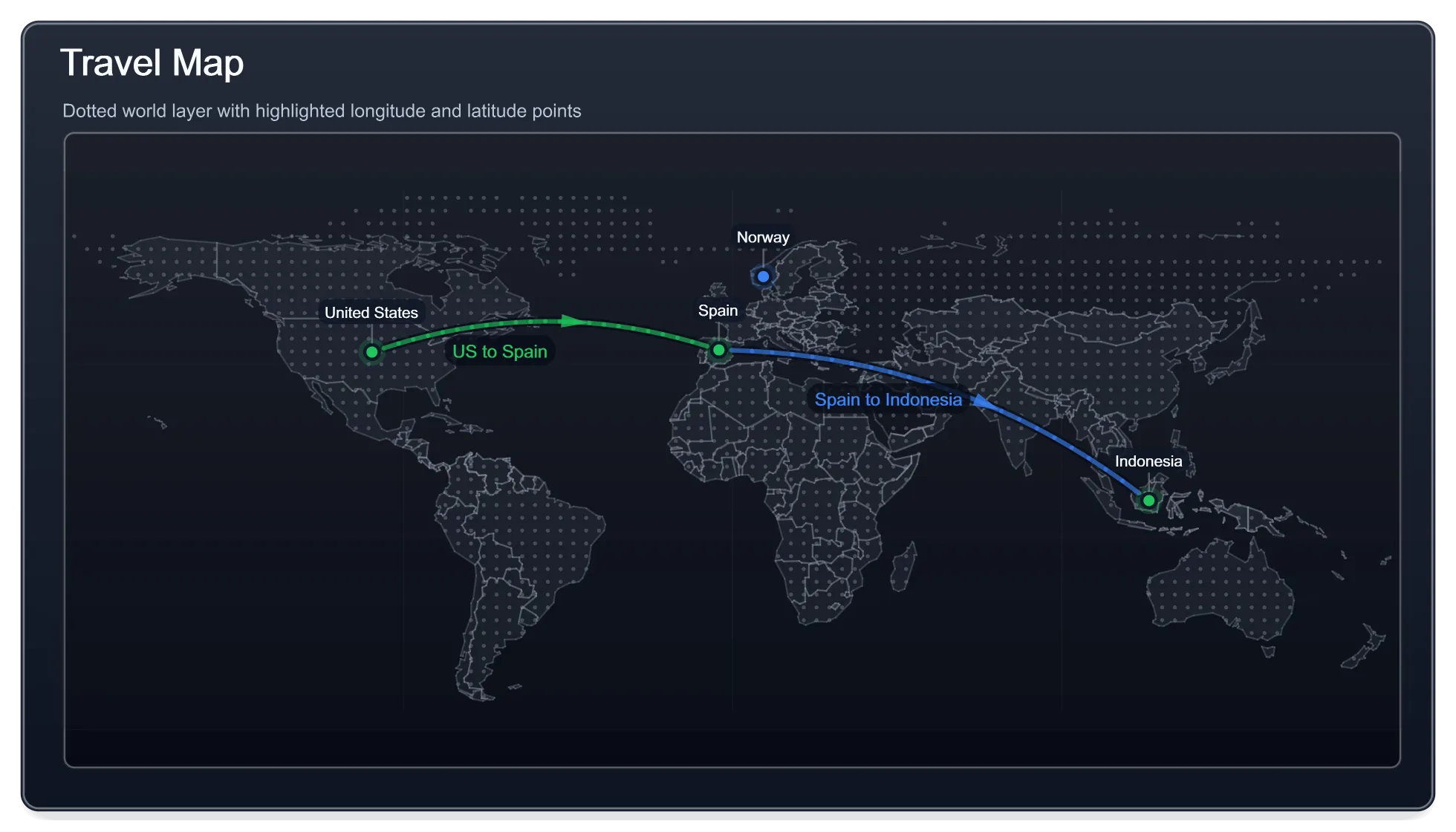 Travel dotted world. World layer with route connectors between points.