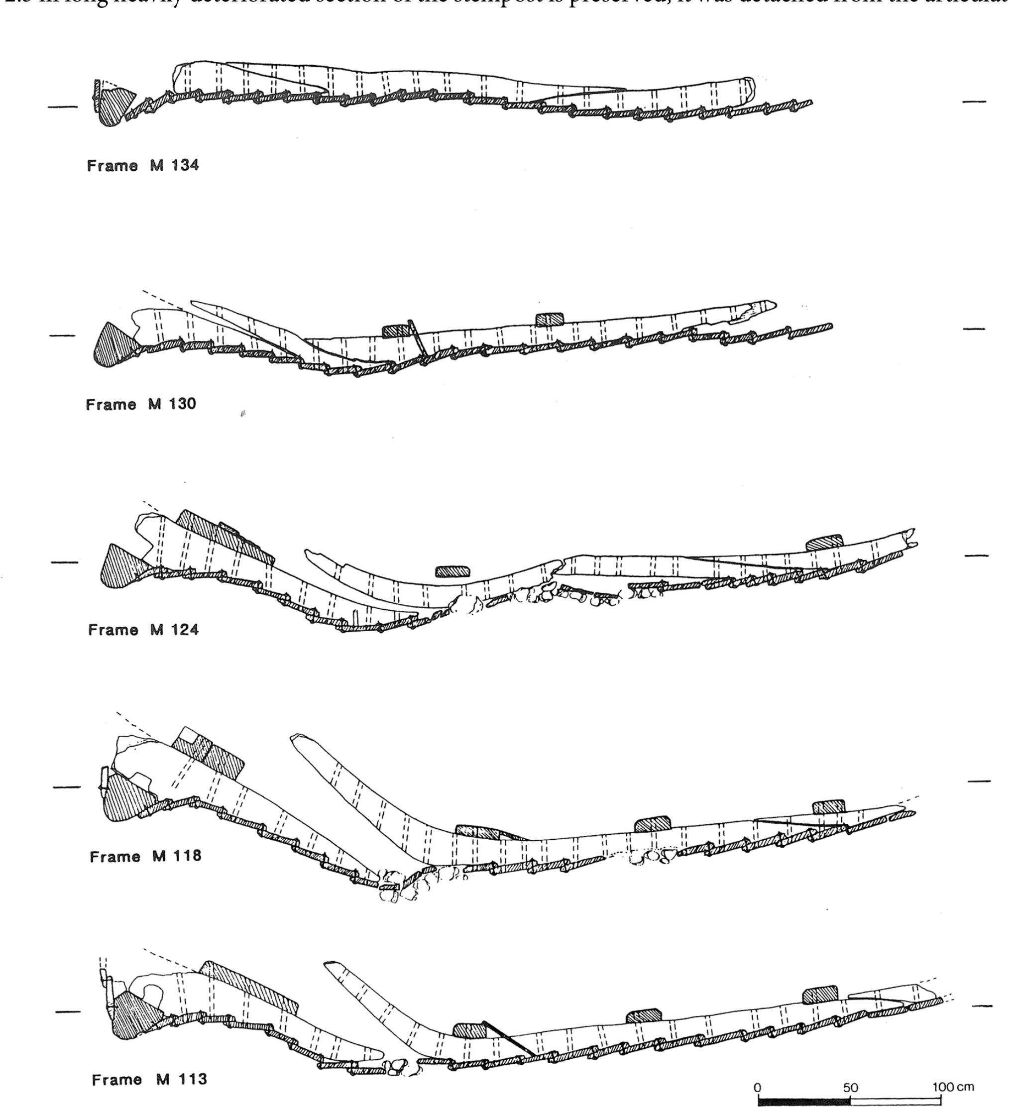 Fig. 53: Cross sections of the Aber Wrac’h I wreck at frame stations M 113, M 118, M 124, M 130 and M 134. Drawing: M Rival (LHour and Veyrat, 1994:171).