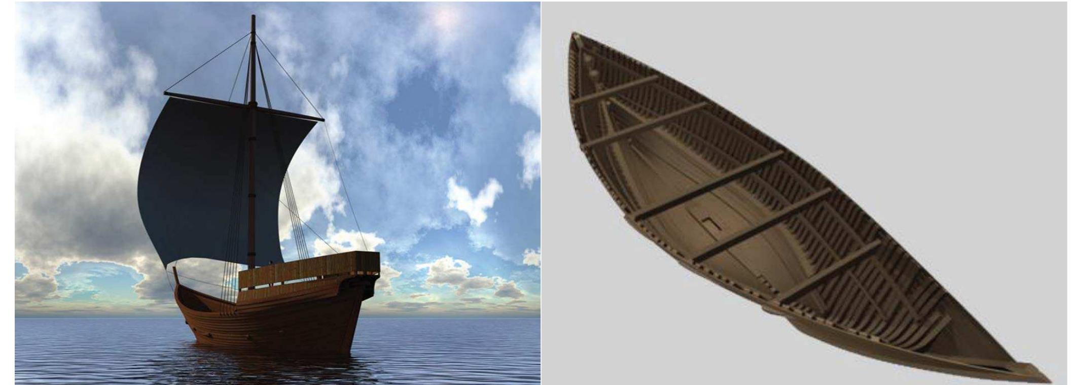 Fig. 62: 3D reconstruction in Rhinoceros3D and hypothetical reconstruction of the vessel under sail. A. Grille (Association Avena, 2013:4).