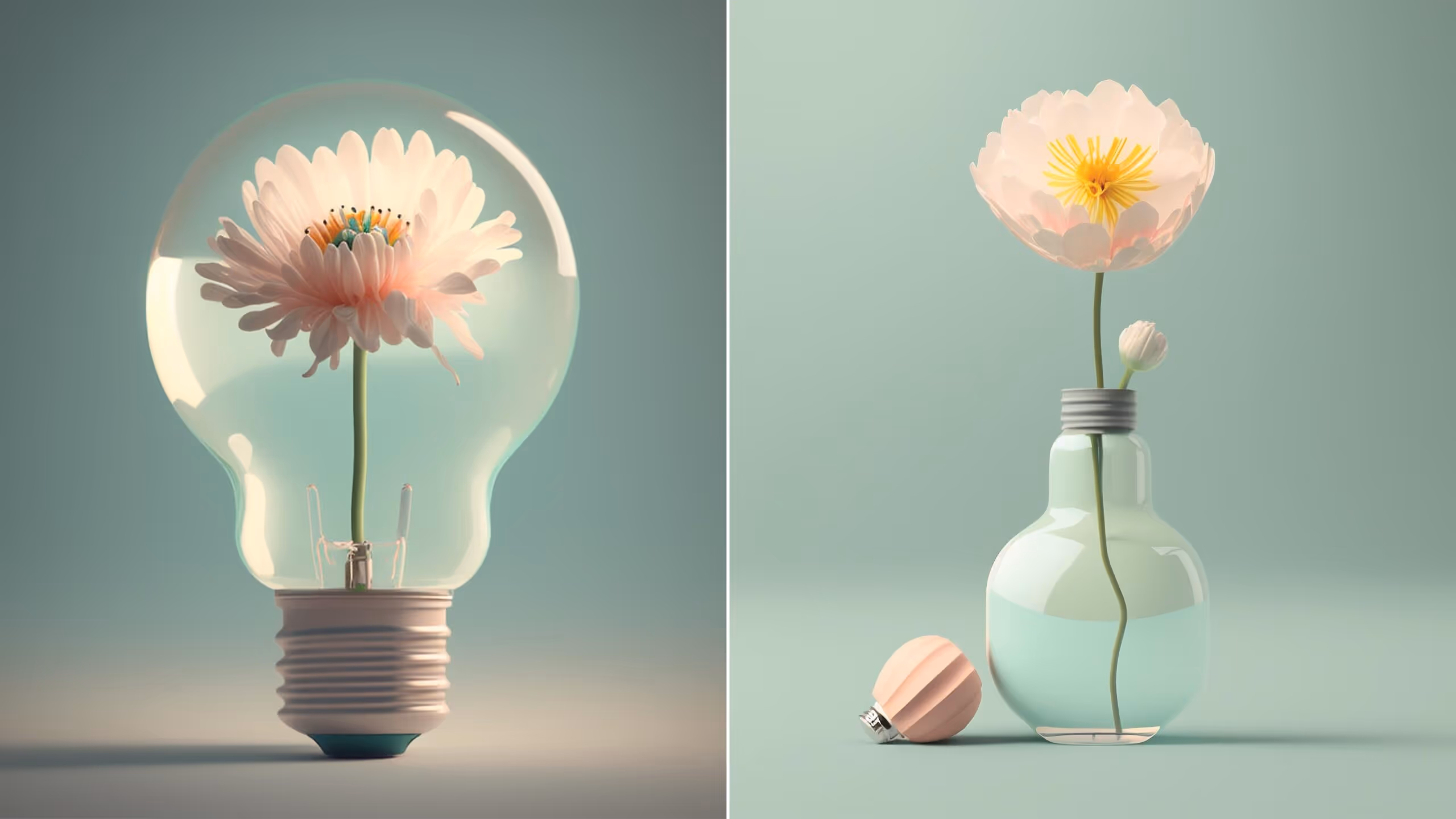 Two complementary images. In the first, a pink flower is enclosed within a light bulb; there is a pale green background. In the second image, the same flower, now fully bloomed, stands in a vase that looks like the same light bulb but inverted. A pink bottle stopper lays beside the vase. The background is a paler shade of green.