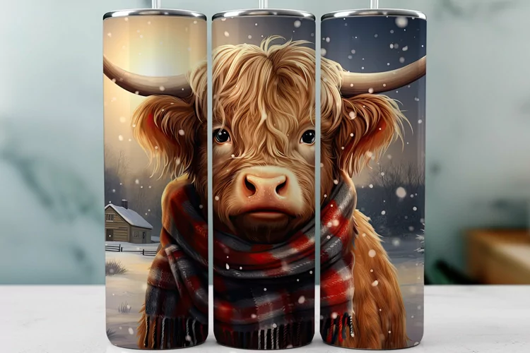 Christmas Highland Cow Sublimation Tumbler Wrap