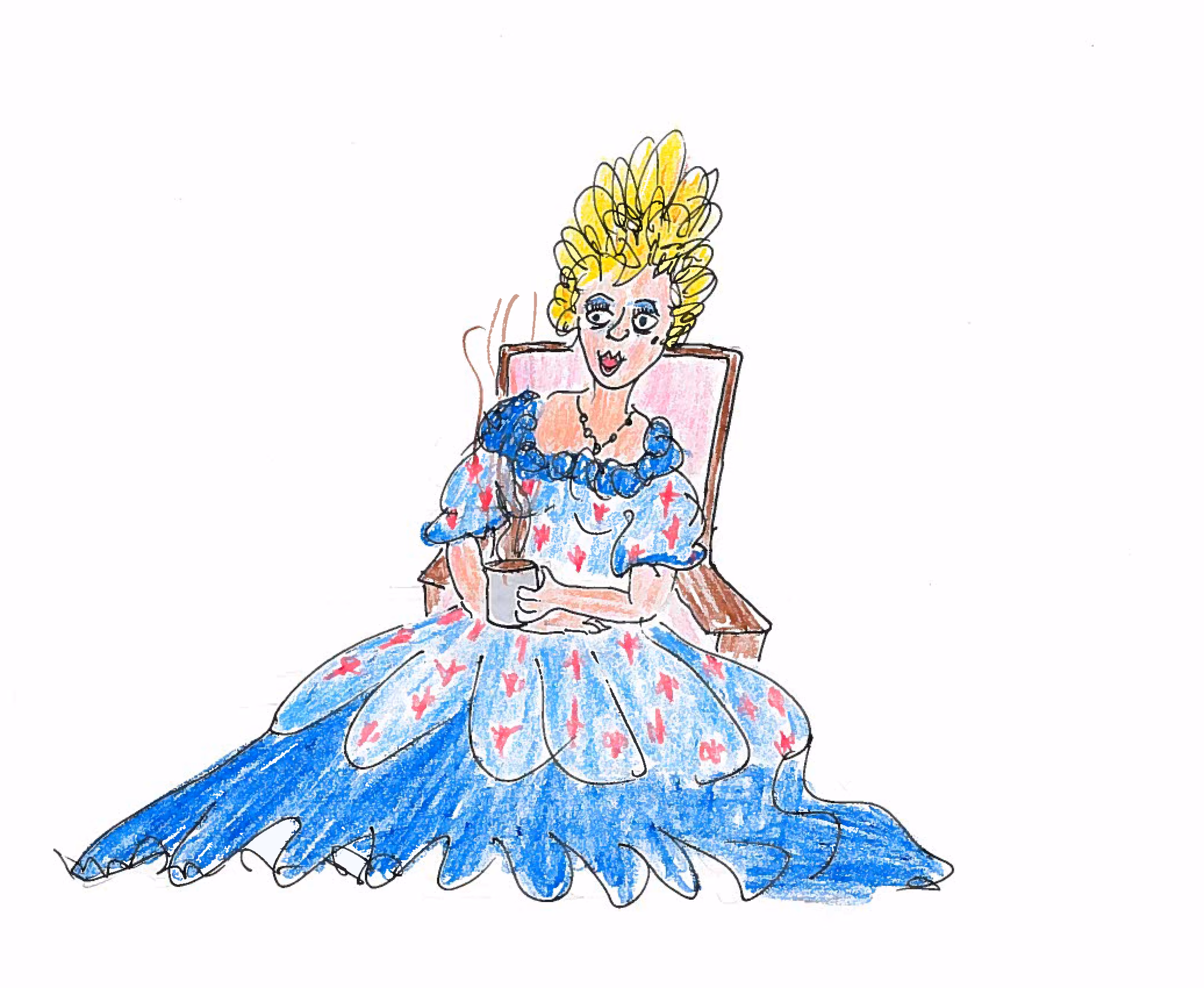 a drawing of Anne of Austria holding a mug of hot chocolate