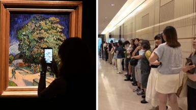 Composite of Van Gogh painting and museum queue.