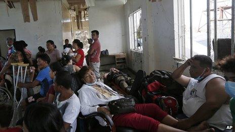 A make-shift hospital waiting room in a damaged building in the Philippines