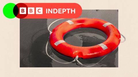 A bright red lifebuoy floats on still water beneath a black-and-white image of a person standing on the edge of a swimming pool
