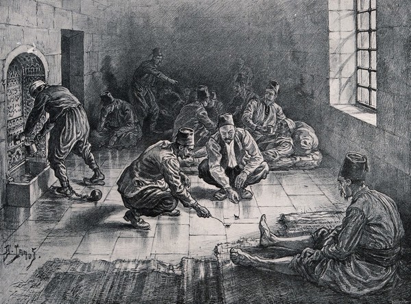 Turkish prisoners sitting in a cell with a barred window; two of them are racing cockroaches. Process print by Meisenbach after H. Lanos after W.T. Maud.