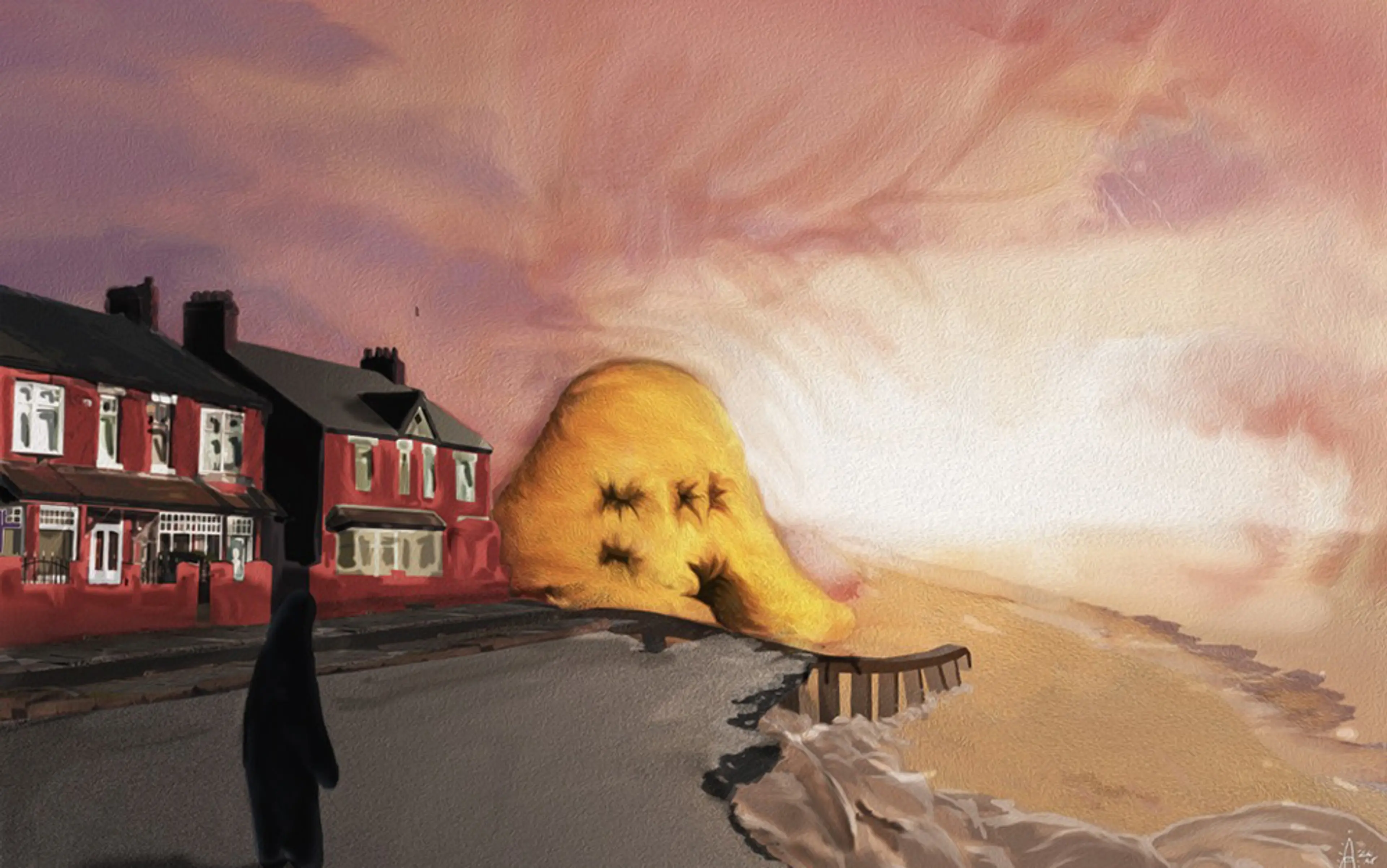 Surreal painting of a giant cuddly toy emerging from a cloudy sky near a row of red houses and a silhouetted human figure looking out to sea.