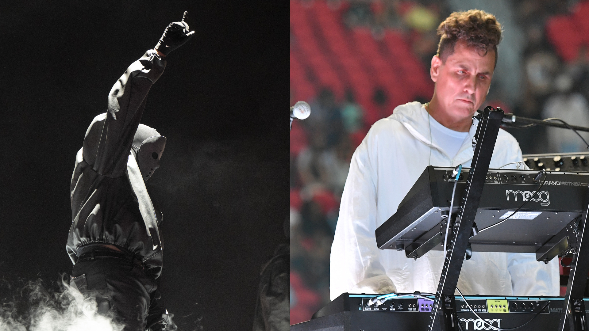 Ye in a dramatic pose on the left, and Dean playing a Moog synthesizer on the right, wearing a white jacket.