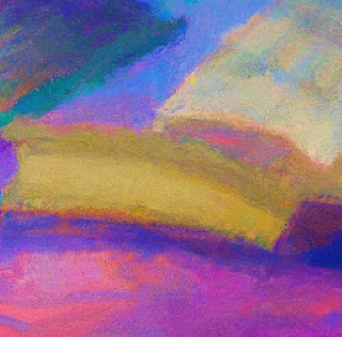 An abstract composition featuring rich hues of purple, blue, gold, and pink. The brushstrokes layer and blend in a way that suggests textured shapes, evoking the feel of a dreamy landscape or a book lying open against a colorful backdrop.