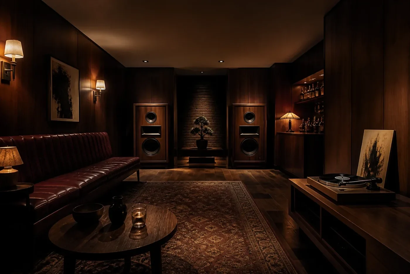 Forskoðun á vefsíðu Nightjar Listening Room með notalegri hlustunarstofu, hátölurum og plötuspilara.