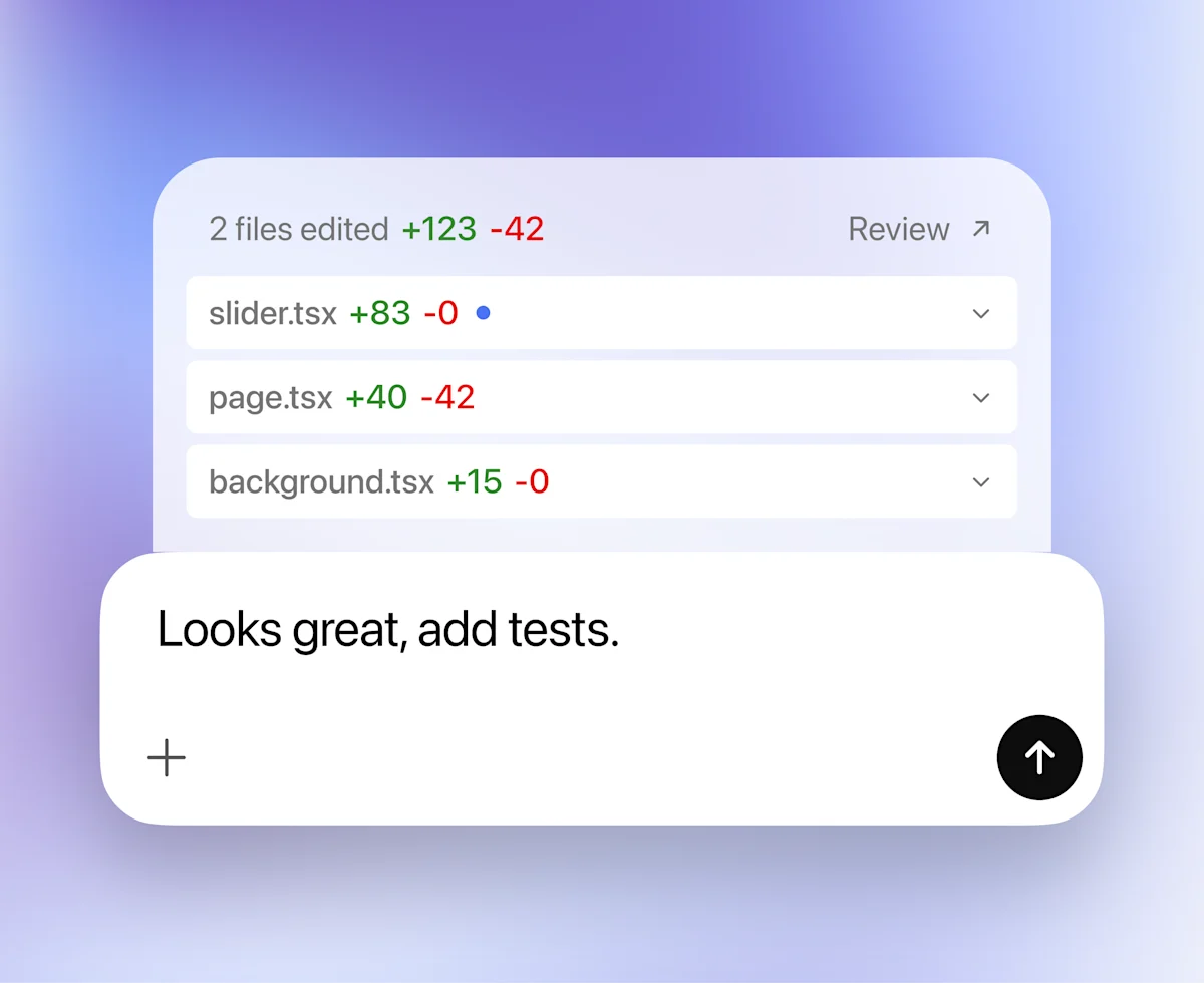 Codex code review showing edited files and a request to add tests.
