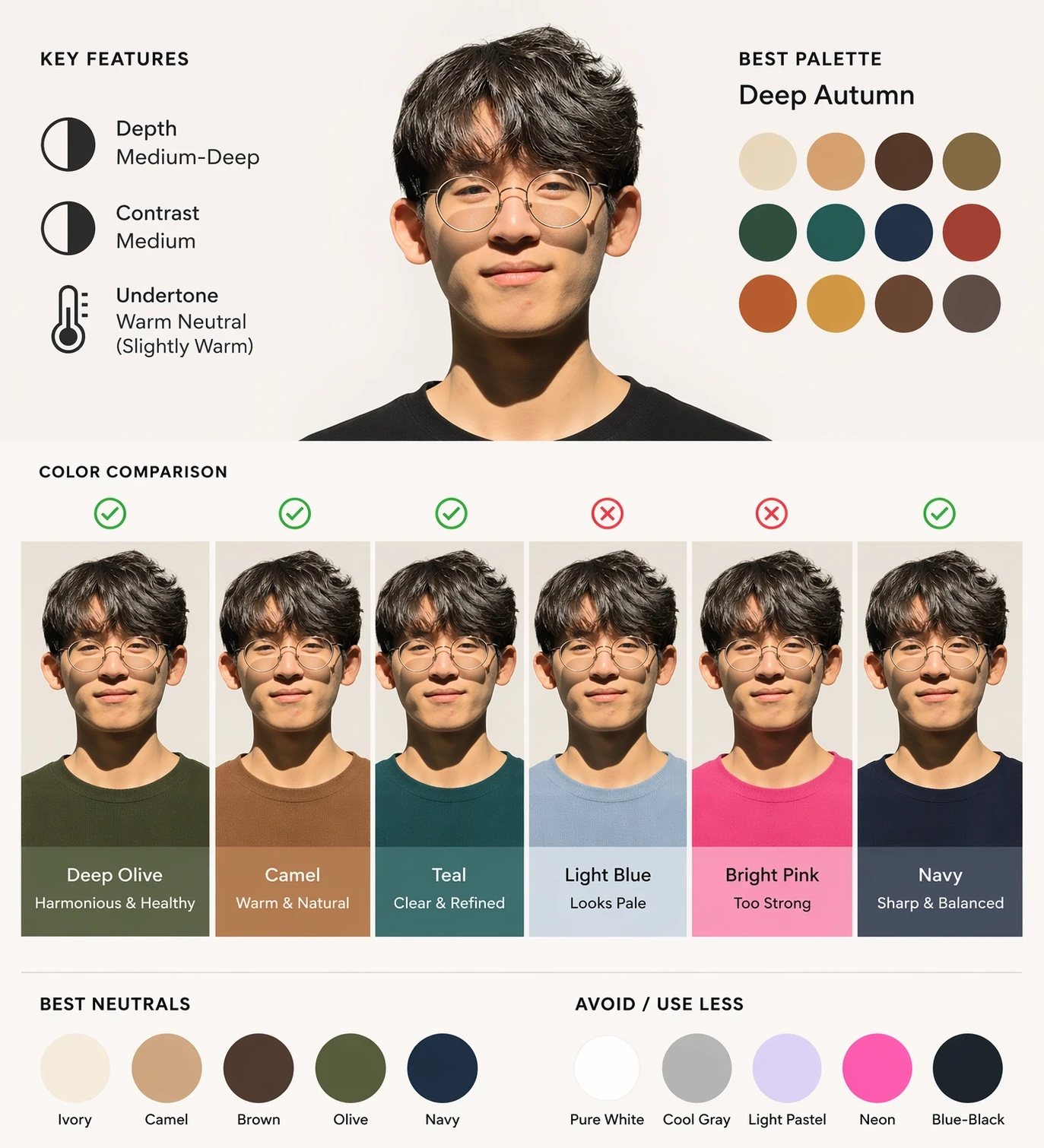 Generated with ChatGPT Images 2.0, this personalized color analysis board identifies a Deep Autumn palette, outlining warm-neutral undertones, medium contrast, and rich earthy colors that harmonize best—while visually comparing flattering shades like olive, camel, teal, and navy against less ideal cool pastels, neon tones, and stark whites.