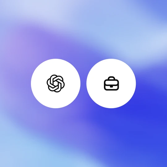 ChatGPT and briefcase icons in white circles on a blue and purple gradient.