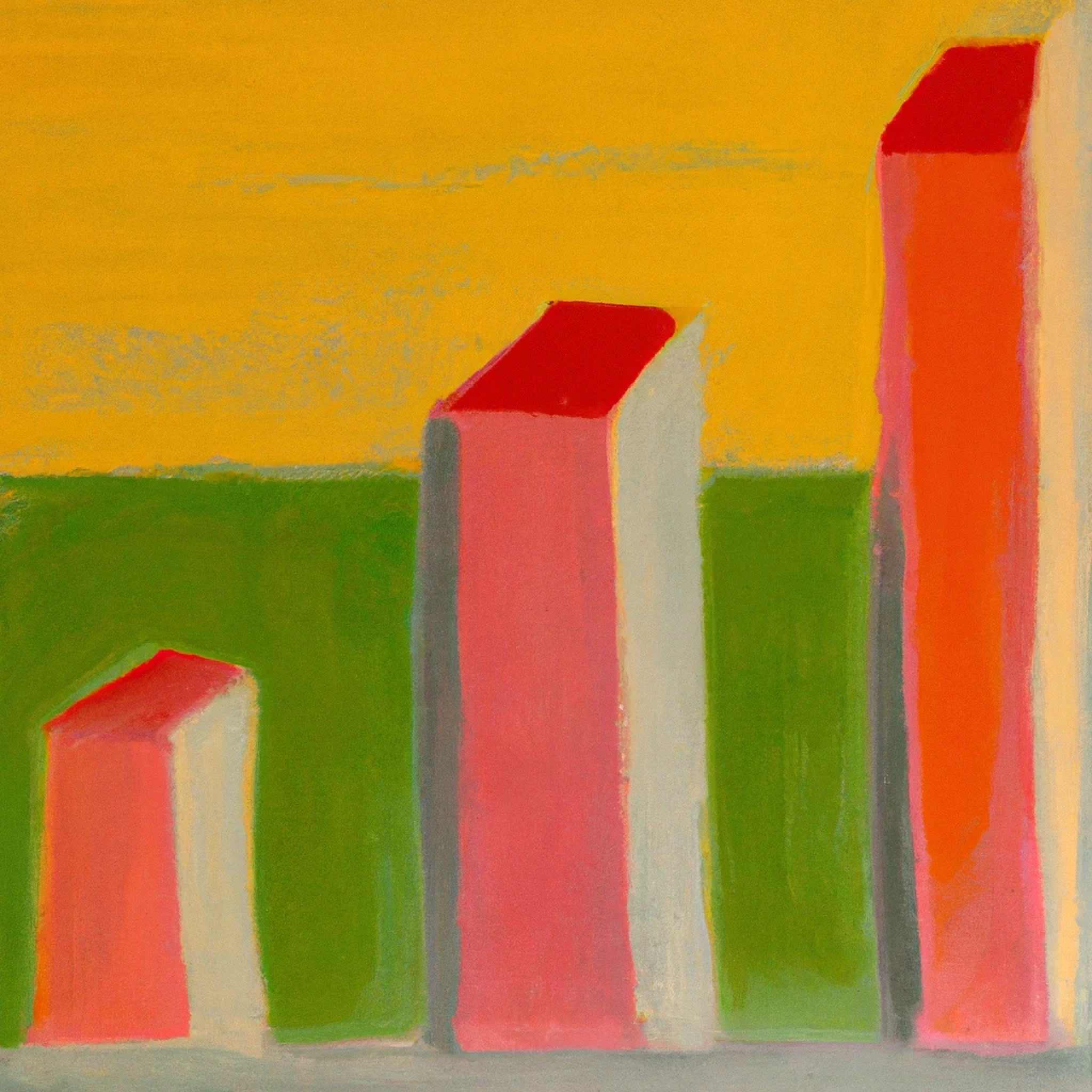 An abstract painting of three red and pink rectangular blocks of different heights, set against a green and yellow background, creating a contrast between the geometric shapes and the landscape-like colors.